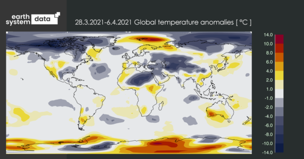 Image 1: Global temperature anomalies relative to 1981-2010 for early April, via ESD48 [raw un-anomalised data NOAA/NCEP PSD]